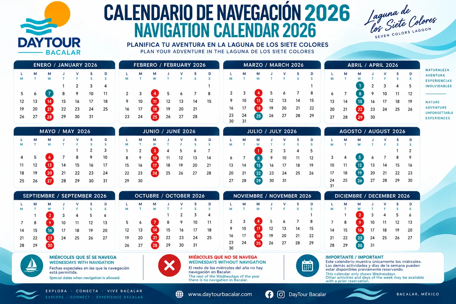 Calendrier navigation bacalar 2026